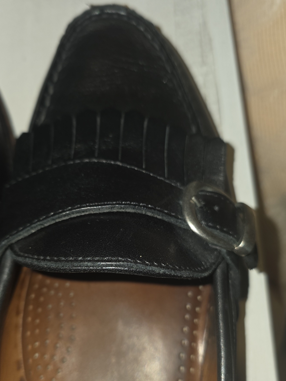 Allen Edmonds Black Leather Kiltie Loafers with Brown Toe - Picture 10 of 11